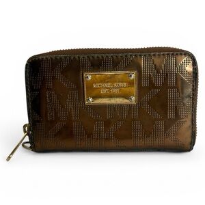 Michael Kors Bronze Monogram Zip-Around Wallet with Gold Plaque